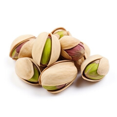 Pistachio with leaves in closeup on white background