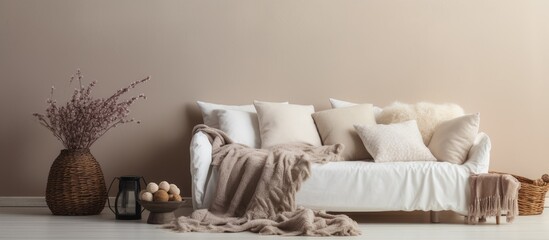 Organic interior decor with wicker storage basket holding woolen blanket and cushions on sheep carpet by the sofa.