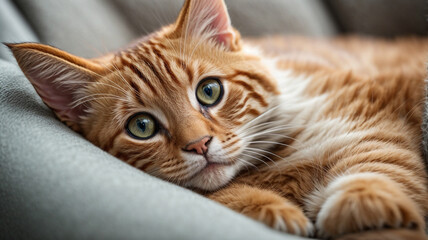 Close-up view of an adorable kitten perched on a couch