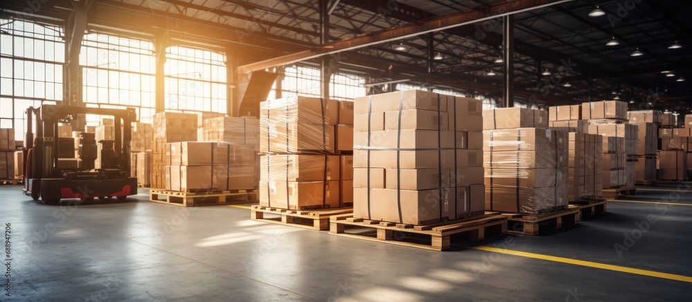 Poster warehouse operations for importing and exporting cargo, including large crates on wooden pallets and