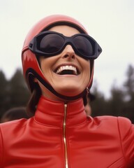 Woman wearing red leather jacket and sunglasses. Generative AI.