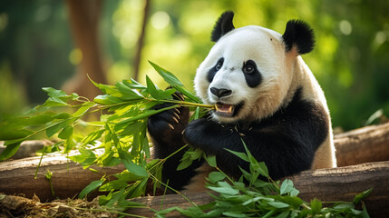giant panda bear eating bamboo panda, AI Generative.