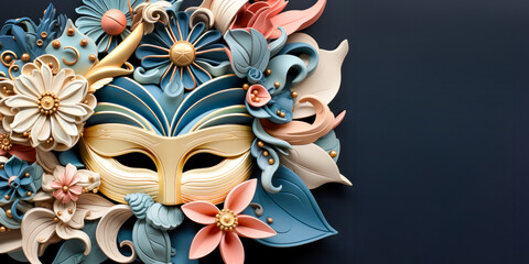 Elaborate Venetian mask, adorned with pastel-hued sculpted flowers, evokes the spirit of theatrical celebrations and traditional masquerades. Copy space