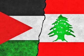 Palestine and Lebanon painted flags on a wall with a crack. Palestine and Lebanon relations. Lebanon and Palestine flags together