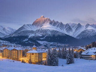 Fairy tale view of Saint Moritz on a snowy winter dusk, Engadine, Graubunden canton, Switzerland