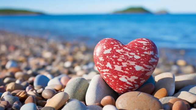 Romantic Heart-Shaped Rock on Sandy Beach by the Ocean