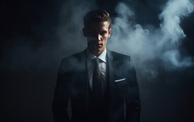 Fototapeta na wymiar In a dimly lit studio, a young businessman exudes an aura of corporate sophistication, clad in a sharp suit amidst swirling smoke darkness against a black backdrop.