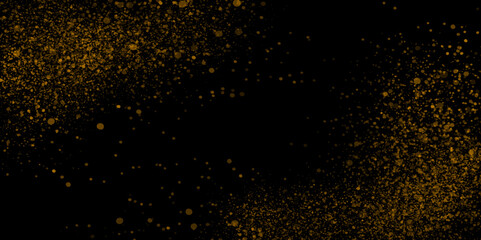 Fototapeta na wymiar Golden scattered dust. Magic mist glowing. Stylish fashion black backdrop. gold fireworks frame for new year party event black background.