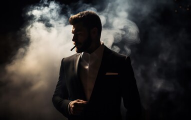 In a dimly lit studio, a young businessman exudes an aura of corporate sophistication, clad in a sharp suit amidst swirling smoke darkness against a black backdrop.