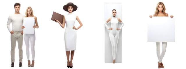 3d beautiful woman with a placard isolated on white background. Generative AI.