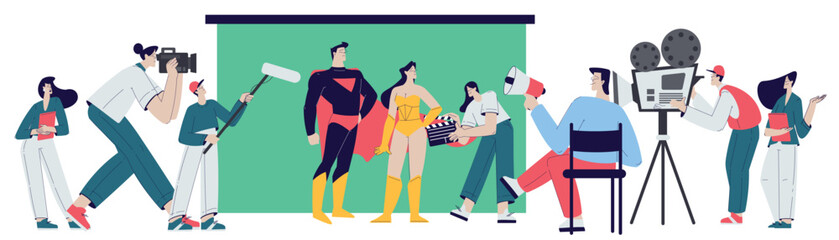 Cinema and Movie Shooting with People Character Cast and Operator Vector Illustration