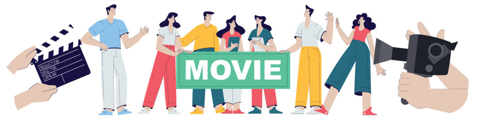 Cinema and Movie Shooting with People Character Cast and Operator Vector Illustration