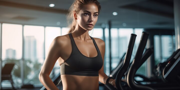 A photograph of a lady engaged in an intense workout with a modern, well-equipped gym as the background context
