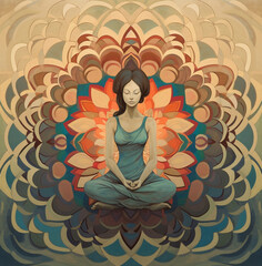 Obraz na płótnie Canvas illustration of a girl meditating surrounded animated character style 3D logo isolated background