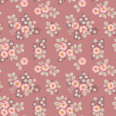Fototapeta na wymiar Seamless vector pattern with a bouquet of bright vintage-style flowers on a beige background. Pale pink roses and blue flowers and green leaves. A pattern on a pink background.