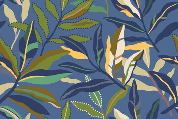 Green and blue leaf pattern, floral pattern, abstract pattern. Vector illustration on a blue background.