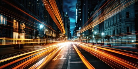 Fototapeta na wymiar Exposure shot expertly captures the dynamic motion of cars streaking through the bustling city streets under the veil of night.