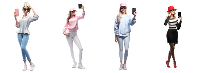 3d fashion girl taking selfie on mobile phone isolated on white background. Generative AI. - obrazy, fototapety, plakaty