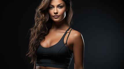 Fototapeta premium Sporty beautiful woman with long hair closeup on dark background. Banner for fitness and sports. Generative AI.