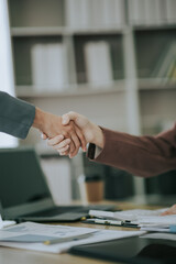 Business handshake for teamwork of business mergers and acquisitions, successful negotiations, handshake, two businessmen shake hands with partners to celebrate partnership and business management con