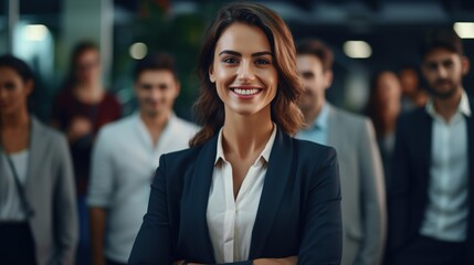 Professional Woman in front of Blurred Background with Other Employees, Best Candidate Concept
