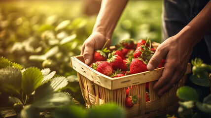 The picture of the hands of the gardener picking up the strawberries on the strawberry farm and putting them in the small basket. 