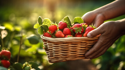 The picture of the hands of the gardener picking up the strawberries on the strawberry farm and putting them in the small basket. 