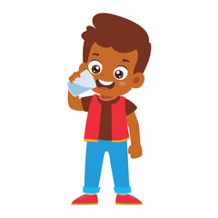 Little Kid drinking water. Little Girl standing enjoy drinking beverage. Children quenching thirst Activity Isolated Element Objects. Flat Style Icon Vector Illustration