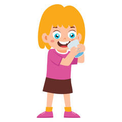 Fototapeta premium Little Kid drinking water. Little Girl standing enjoy drinking beverage. Children quenching thirst Activity Isolated Element Objects. Flat Style Icon Vector Illustration