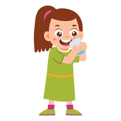 Little Kid drinking water. Little Girl standing enjoy drinking beverage. Children quenching thirst Activity Isolated Element Objects. Flat Style Icon Vector Illustration
