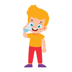Little Kid drinking water. Little Boy standing enjoy drinking beverage. Children quenching thirst Activity Isolated Element Objects. Flat Style Icon Vector Illustration