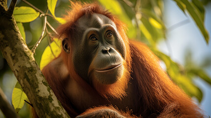 Obraz premium An orangutan watching the world go by. AI Generative.