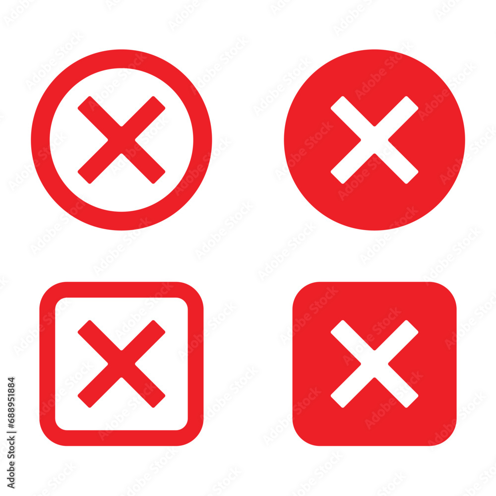 Poster red cross mark icon set. round and square cross symbol / button, transparent vector illustration