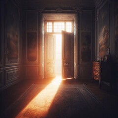 door slightly ajar, revealing a glimpse of a sunlit