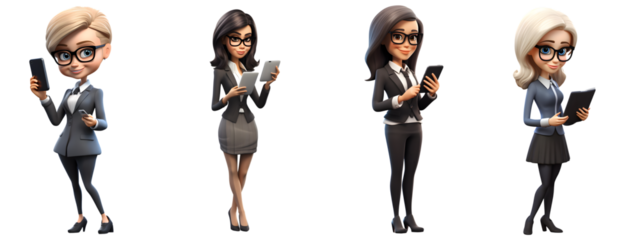 3d cartoon businesswoman texting with smartphone isolated on white background. Generative AI.