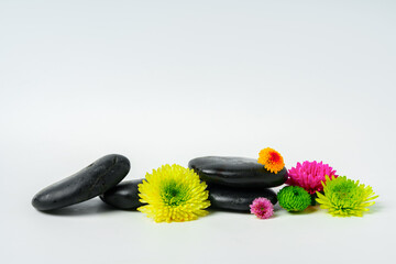 Spa stones and flowers on the white background