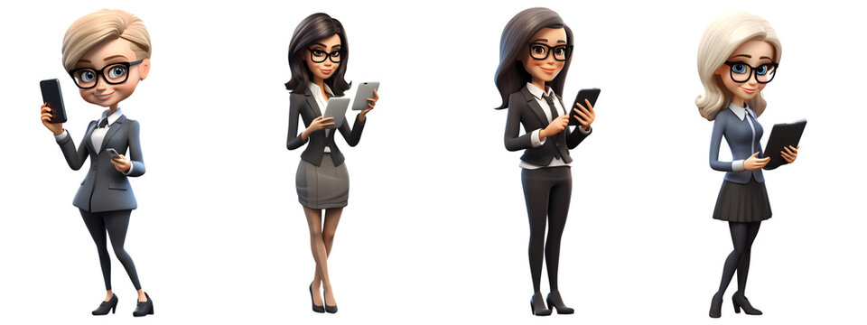 3d cartoon businesswoman texting with smartphone isolated on white background. Generative AI.