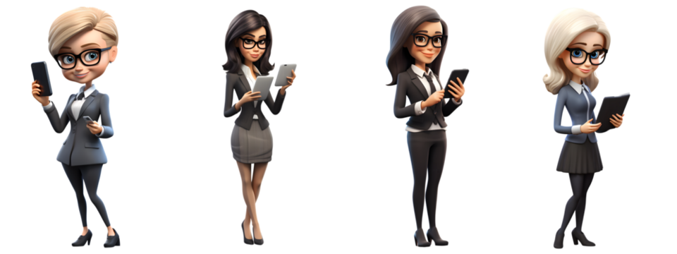 3d cartoon businesswoman texting with smartphone isolated on white background. Generative AI. - Powered by Adobe