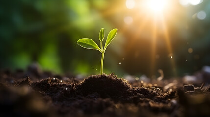 Seedling are growing from the rich soil with morning light. Development, Green business, finance and saving money for sustainability investment. - obrazy, fototapety, plakaty