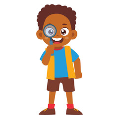 Little Black Kid inspecting through magnifying glass. Little black boy standing and holding magnifier. Investigation Research Activity Isolated Element Objects. Flat Style Icon Vector Illustration