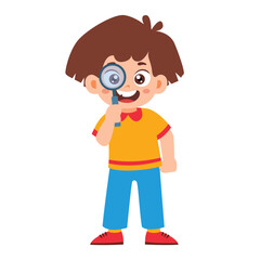 Little Kid inspecting through magnifying glass. Little boy standing and holding magnifier. Investigation Research Activity Isolated Element Objects. Flat Style Icon Vector Illustration