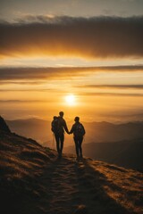 Silhouettes of a couple at sunset on a mountaintop against the background of sky and sun. Hiking, travel, love, nature concepts.
