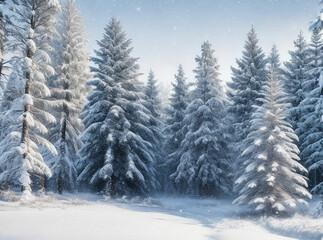 Fototapeta na wymiar Frosty winter landscape in snowy forest. Christmas background with fir trees and blurred background of winter