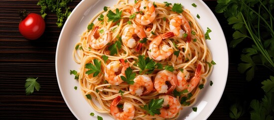 Top view of shrimp linguine pasta with parsley on a plate, taken from above. - obrazy, fototapety, plakaty