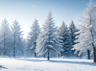 Fototapeta premium Frosty winter landscape in snowy forest. Christmas background with fir trees and blurred background of winter