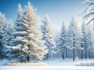 Frosty winter landscape in snowy forest. Christmas background with fir trees and blurred background of winter