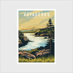 Emblem sticker patch logo illustration of Voyageurs National Park on dark background, lake and canoe vector badge
