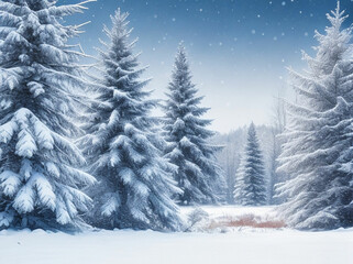 Frosty winter landscape in snowy forest. Christmas background with fir trees and blurred background of winter