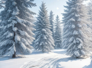 Frosty winter landscape in snowy forest. Christmas background with fir trees and blurred background of winter