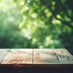 Wooden Textured table top on blurred summer green forest background. Product placement concept